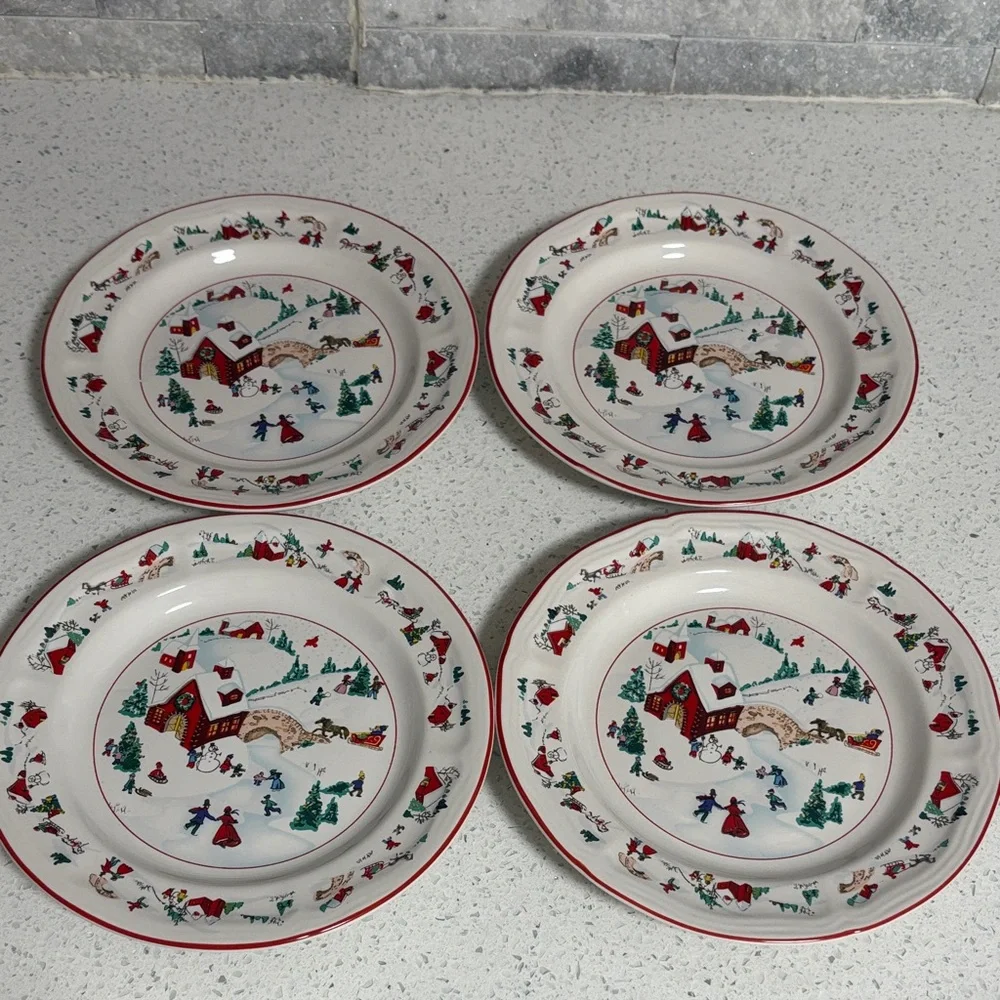 Farberware White Christmas 1995 Winter Scene Dessert Salad Plates - Set of 4 - Picture 1 of 9